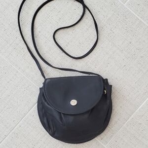 Vintage Italian Astor Black Leather Moon Cinch Crossbody Bag, EUC